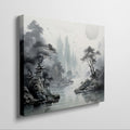 Framed canvas print of Oriental ink wash painting with misty mountains and pagoda