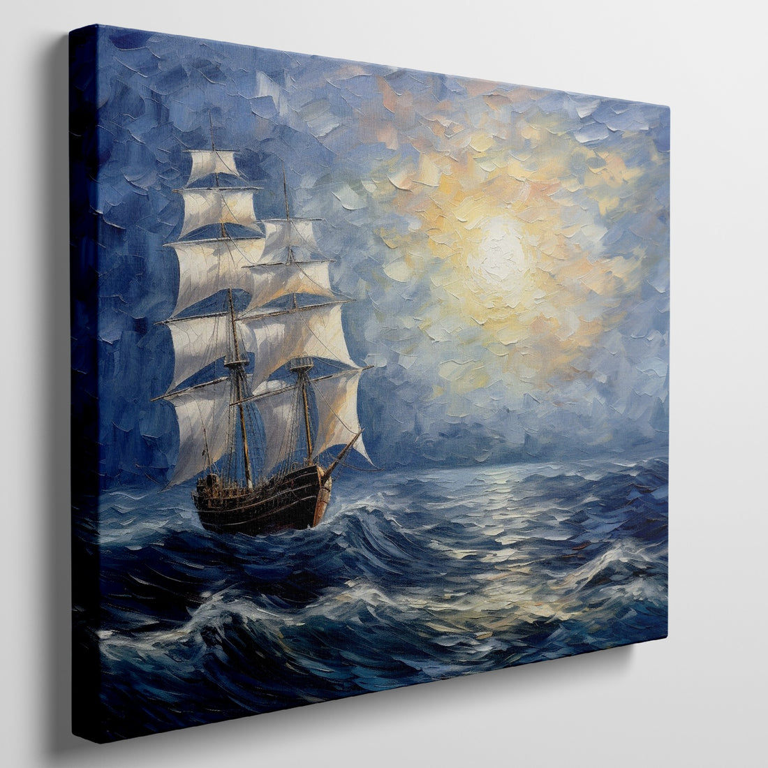 Framed canvas print of a historic sailing ship at sunset with a vibrant seascape