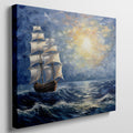 Framed canvas print of a historic sailing ship at sunset with a vibrant seascape