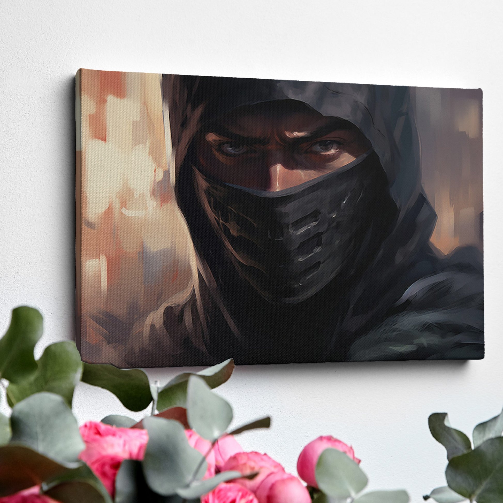 Framed canvas print of a mystic ninja warrior with an intense gaze and a shrouded dark veil.