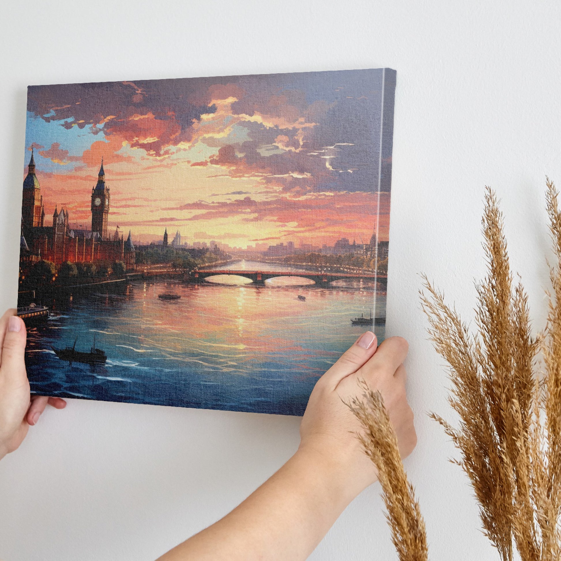 Framed canvas print of a scenic London skyline at sunset with vibrant hues and the River Thames