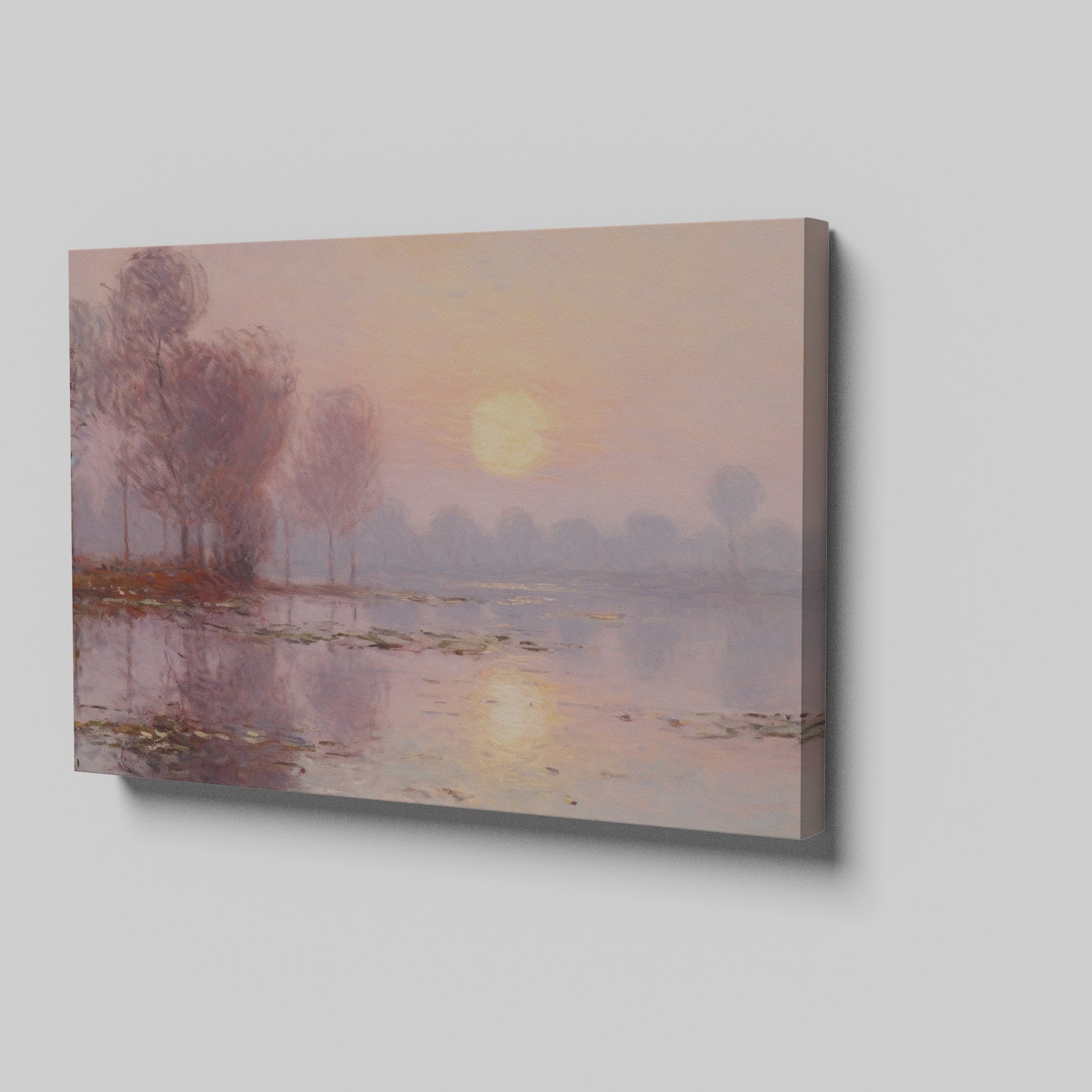 Framed canvas print of a misty river sunrise with reflection and soft pastel colours in impressionist style