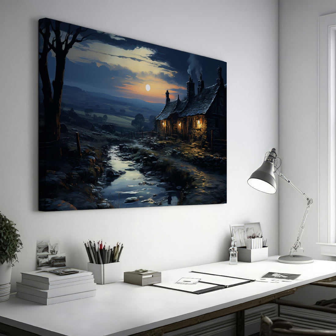 Framed canvas print of a tranquil rural cottage scene at dusk with reflections in a stream