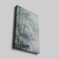 Framed canvas print of a misty bamboo grove with soft watercolour finishes