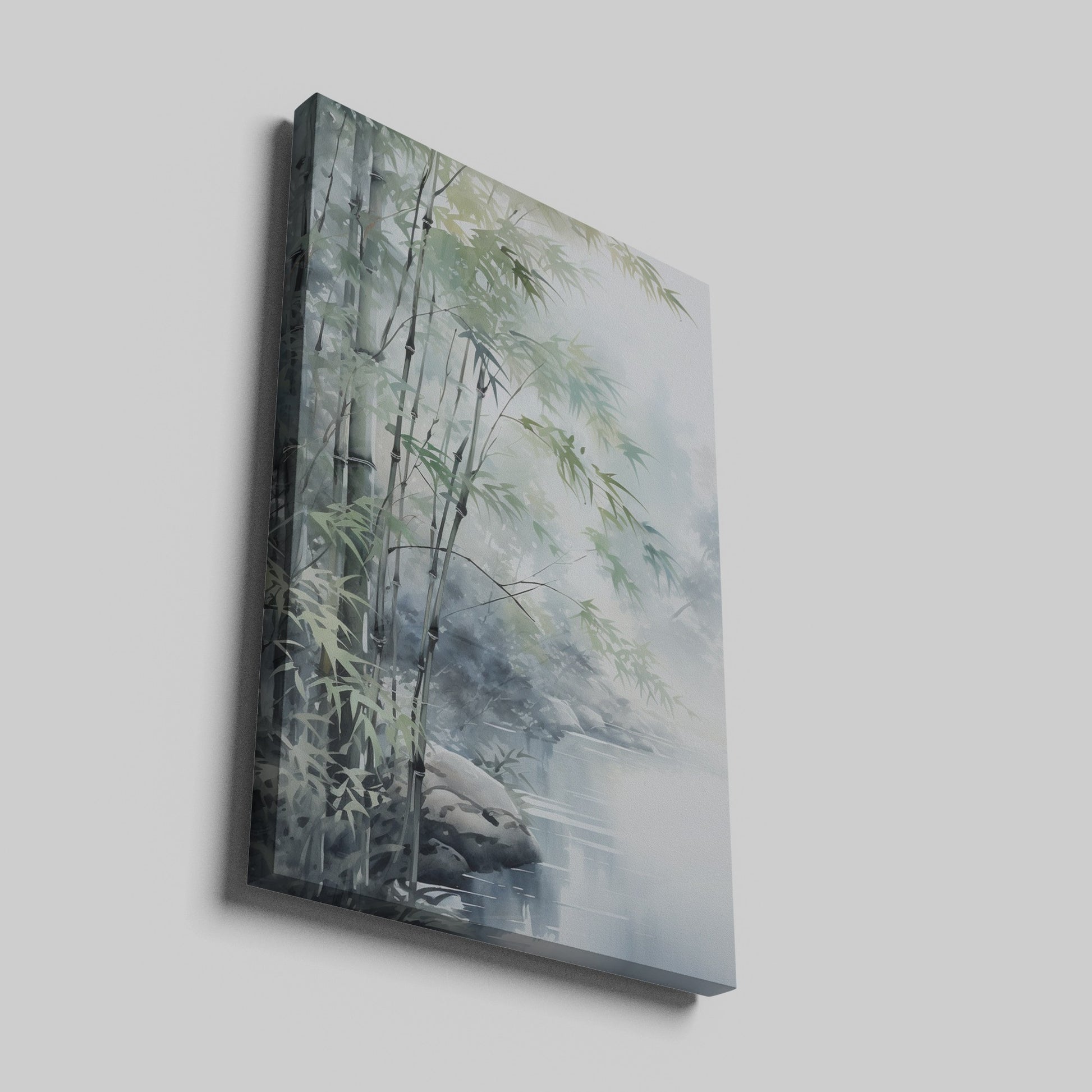 Framed canvas print of a misty bamboo grove with soft watercolour finishes