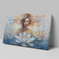 Framed canvas print of an ethereal woman with lotus flowers in serene water