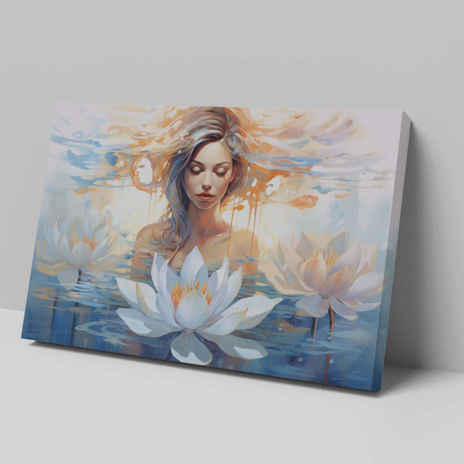 Framed canvas print of an ethereal woman with lotus flowers in serene water