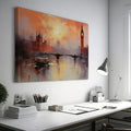 Framed canvas print of impressionist London skyline at sunset with Westminster Bridge and Thames River