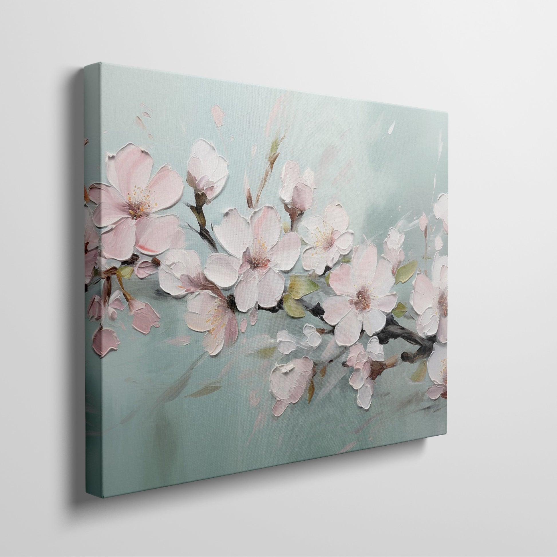 Framed canvas print of pastel cherry blossom flowers in impasto style