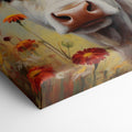 Framed canvas print of realistic cow in a floral setting with warm tones