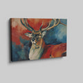 Framed canvas print of a vibrant, expressive deer with bold red and blue colours