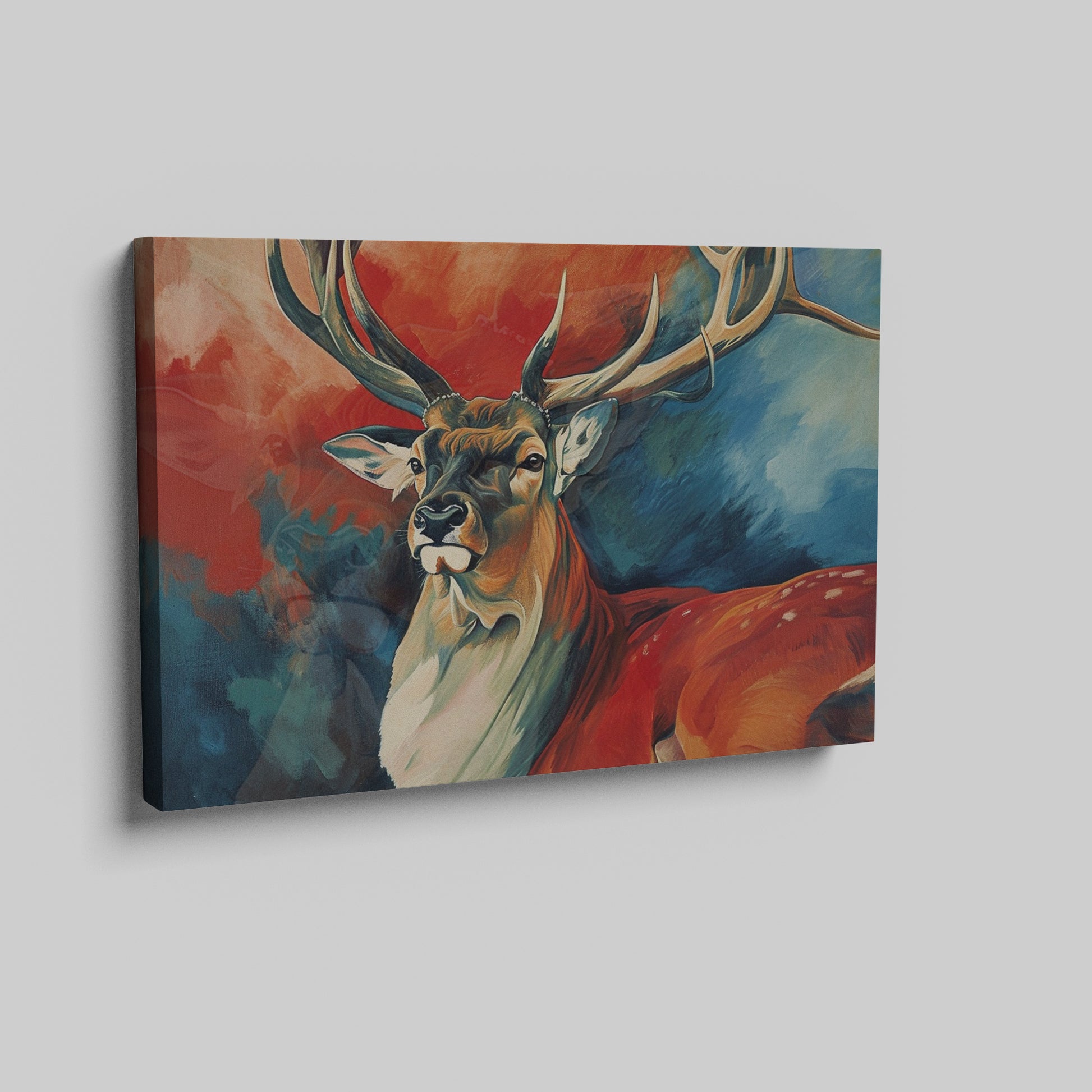 Framed canvas print of a vibrant, expressive deer with bold red and blue colours