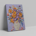 Framed canvas print of vibrant impasto-style floral bouquet with textured vase