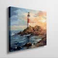 Framed canvas print of a vivid impressionist lighthouse at sunset with dynamic ocean waves