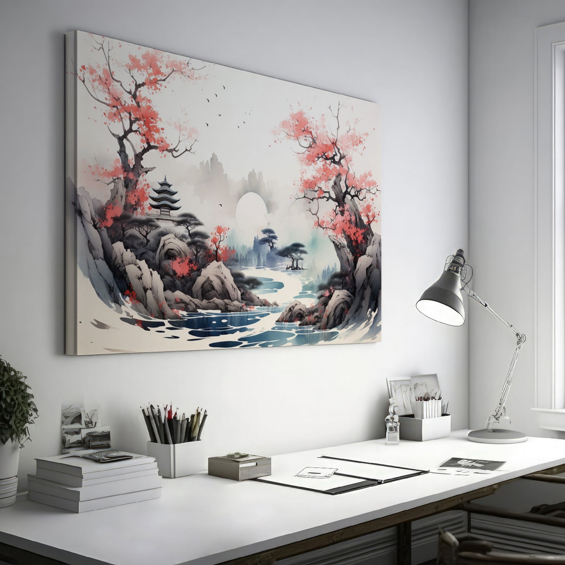 Framed canvas print of Oriental landscape with cherry blossoms and pagoda