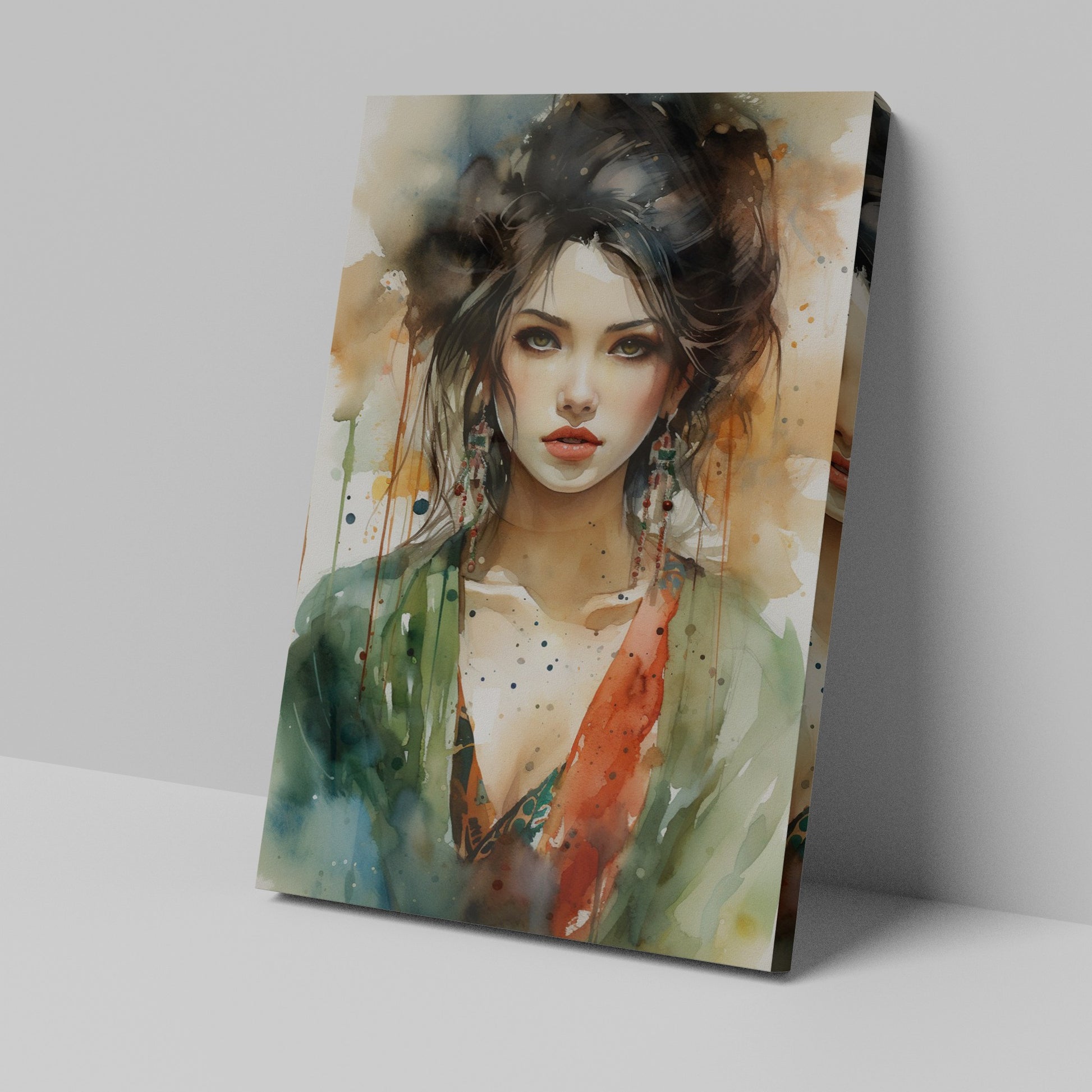 Framed canvas print of a watercolour portrait of a female with abstract elements