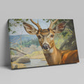 Framed canvas print of a realistic deer portrait with an endearing expression set against a detailed forest landscape