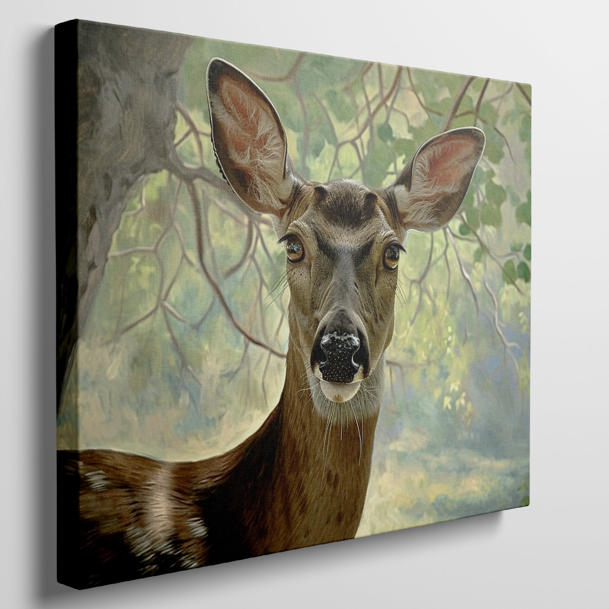 Framed canvas print of a detailed and serene deer portrait with a woodland backdrop in natural tones