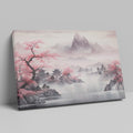 Framed canvas print of a traditional Asian landscape with cherry blossoms and misty mountains