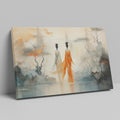 Framed canvas print of ethereal stylised women in a mystical, abstract landscape with orange and ivory tones