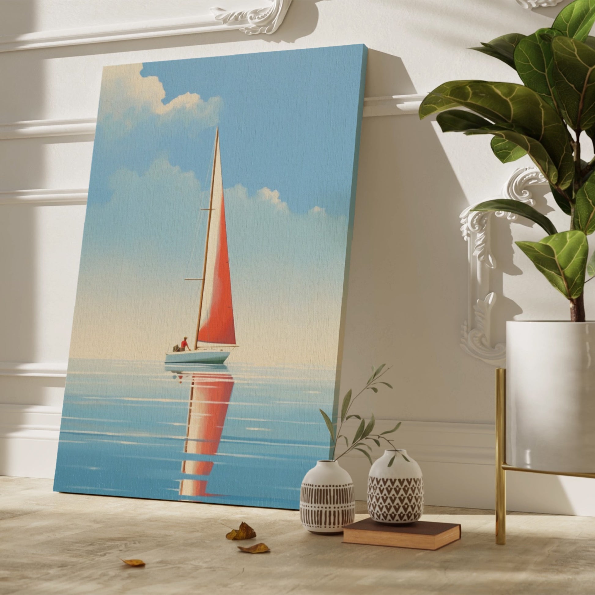 Framed canvas print of a red sailboat on serene blue waters with a clear sky