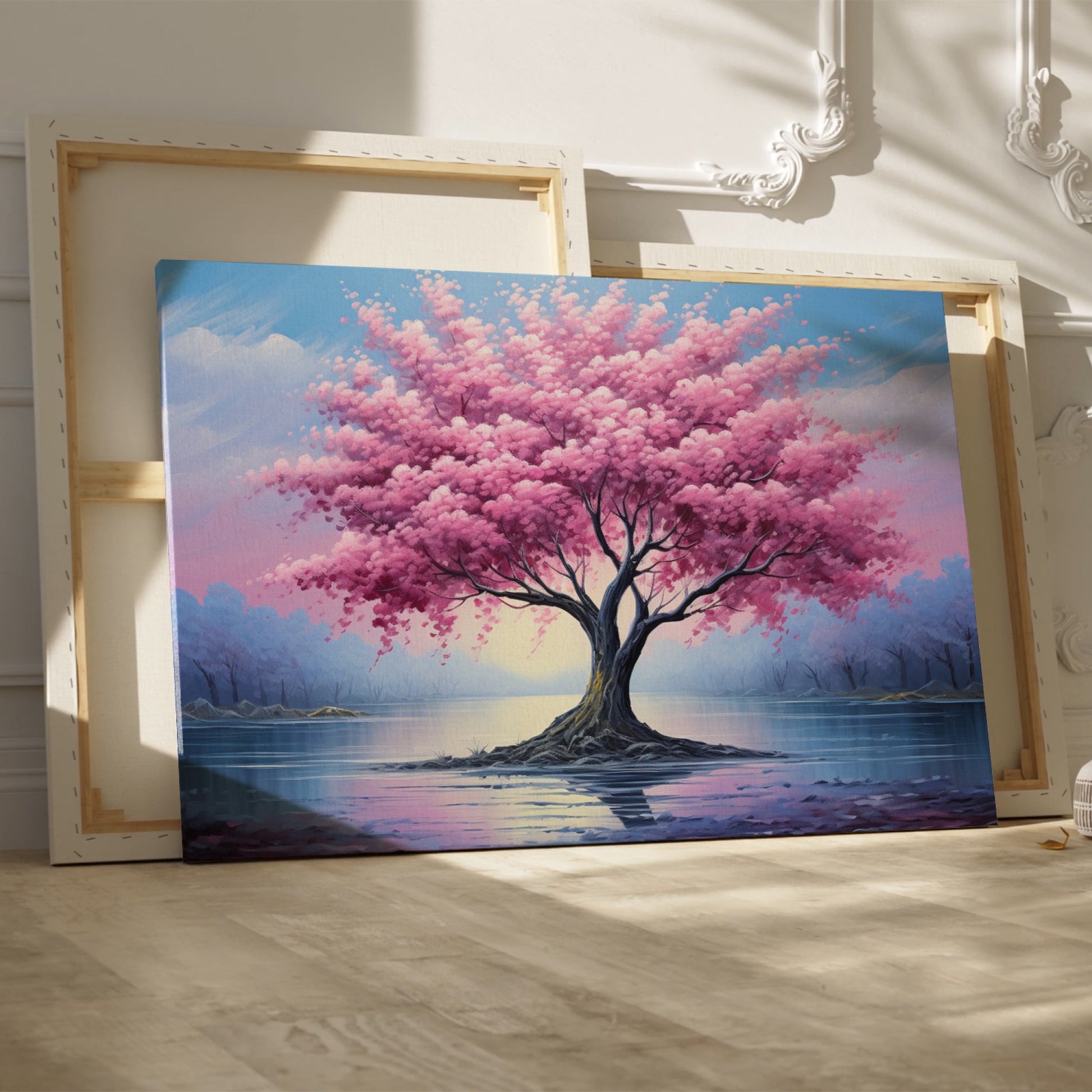 Framed canvas print of a blossoming cherry tree by the water with sunset reflection