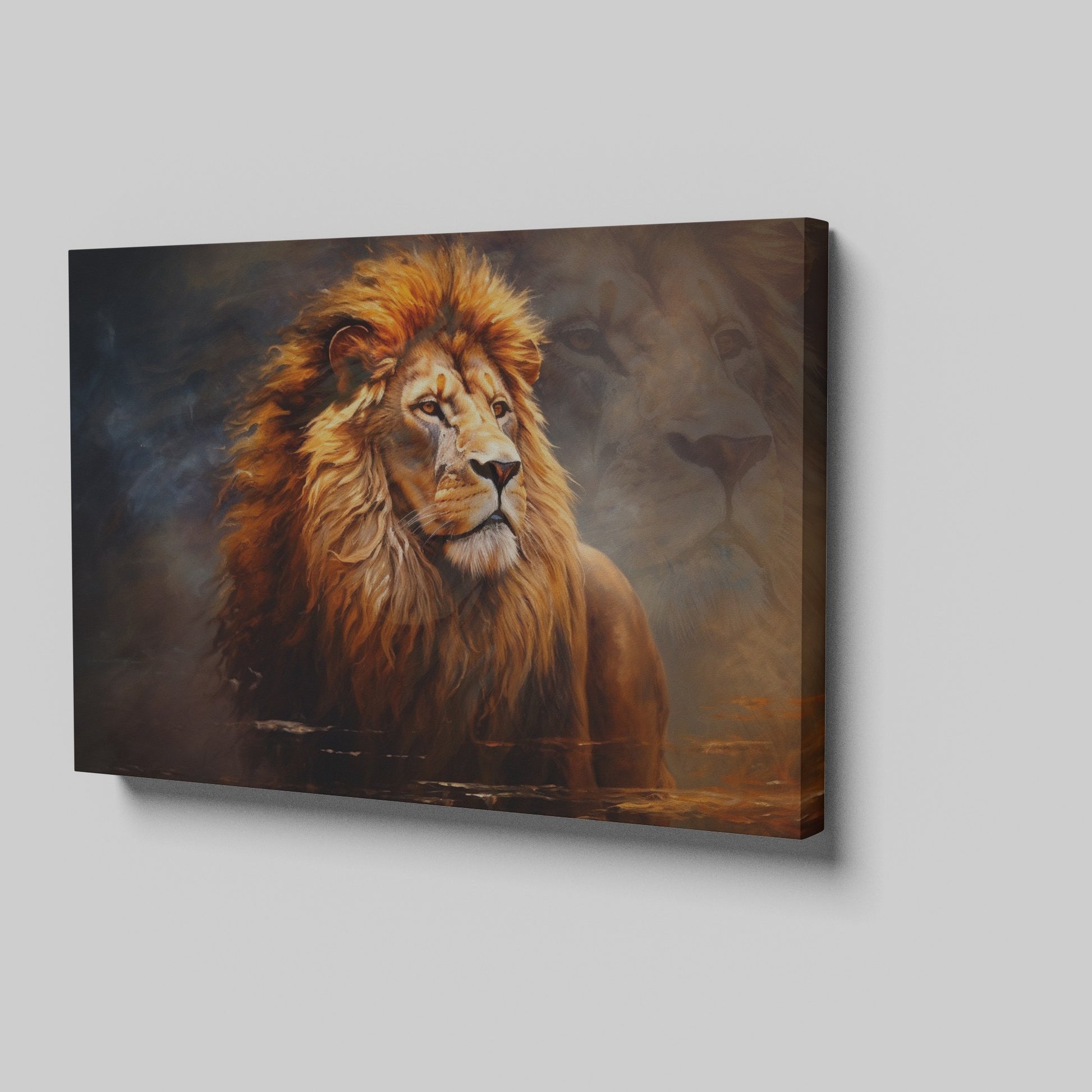 Framed canvas print of a majestic lion portrait, with detailed mane and warm earthy colours