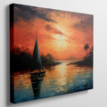 Framed canvas print of a vibrant impressionist sailboat against an orange hued sunset