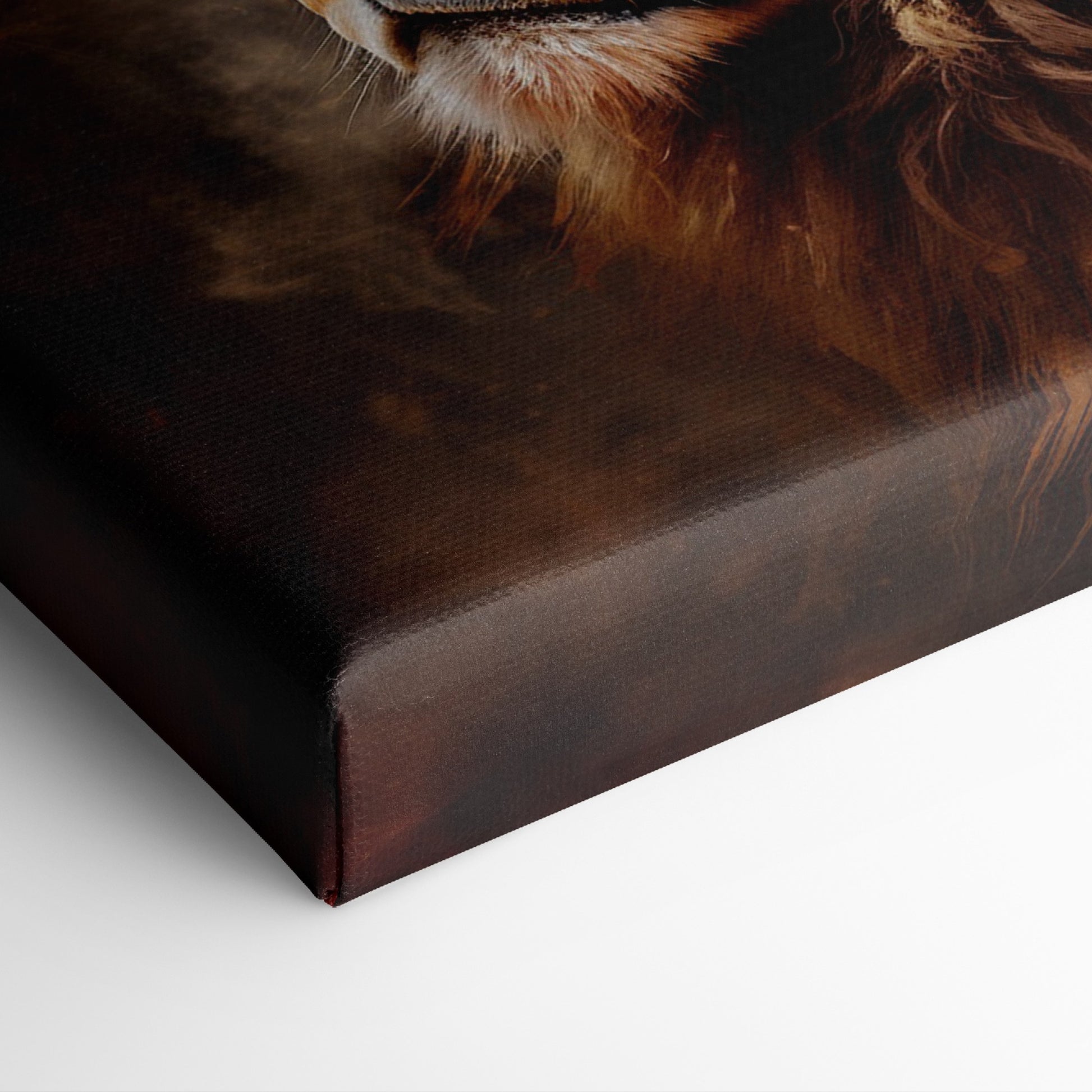 Framed canvas print of a realistic lion portrait with fiery mane