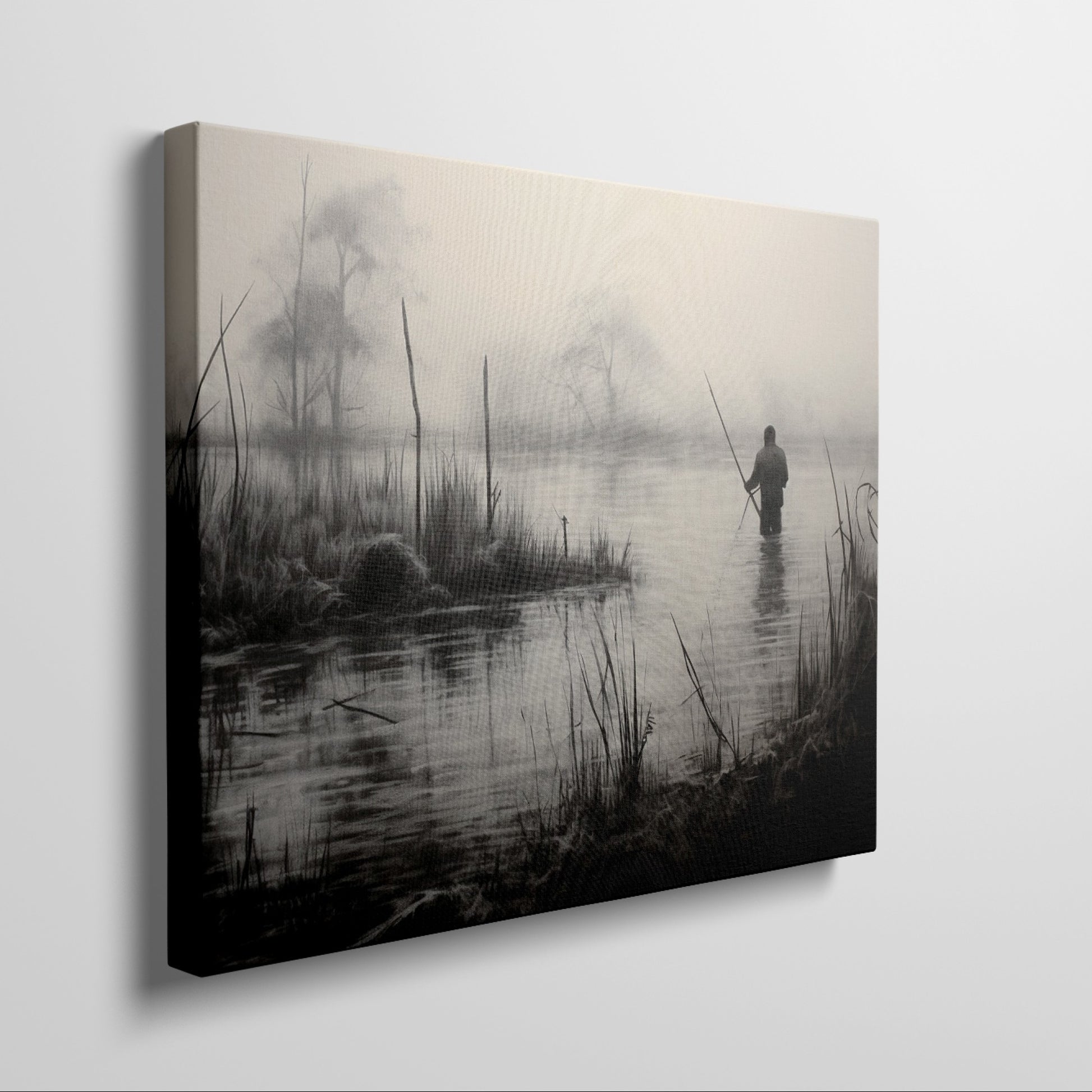 Framed canvas print of a fisherman in a foggy, monochrome lake landscape