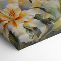 Framed canvas print of impressionist style lilies with soft pastel hues