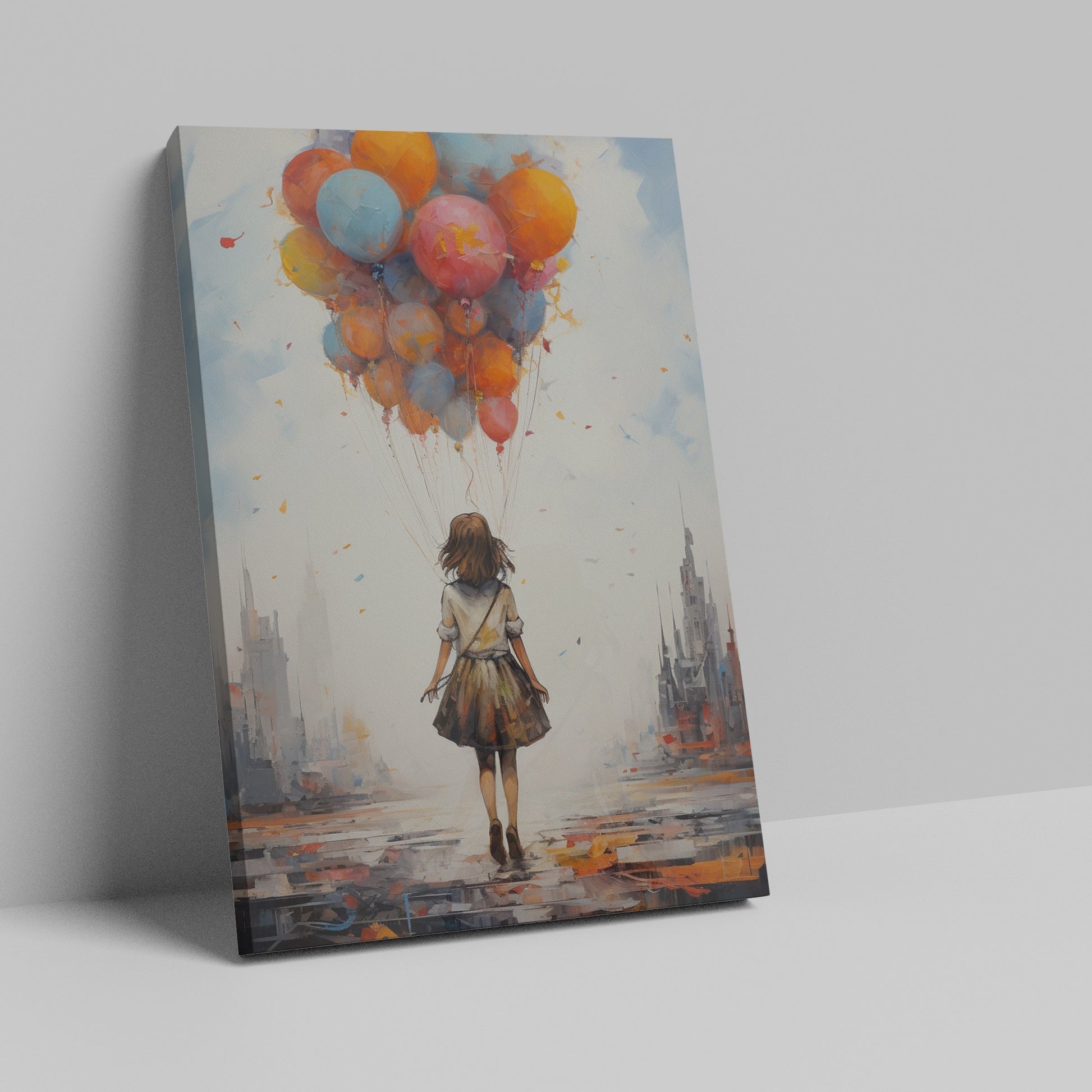 Framed canvas print of a youthful figure standing before an urban skyline, holding a cluster of colourful balloons