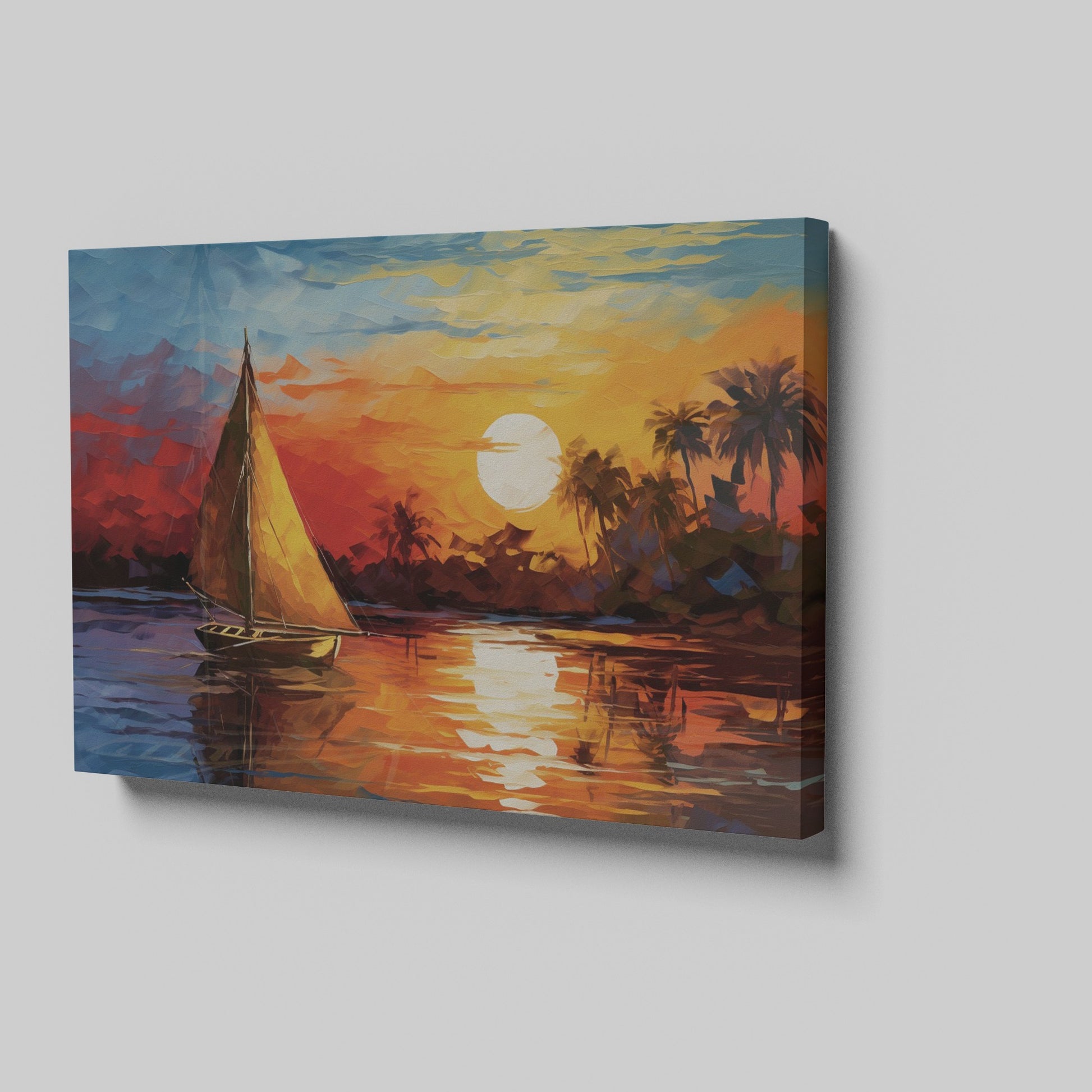 Framed canvas print of an Impressionist sailboat sailing at sunset with vibrant orange and blue colors