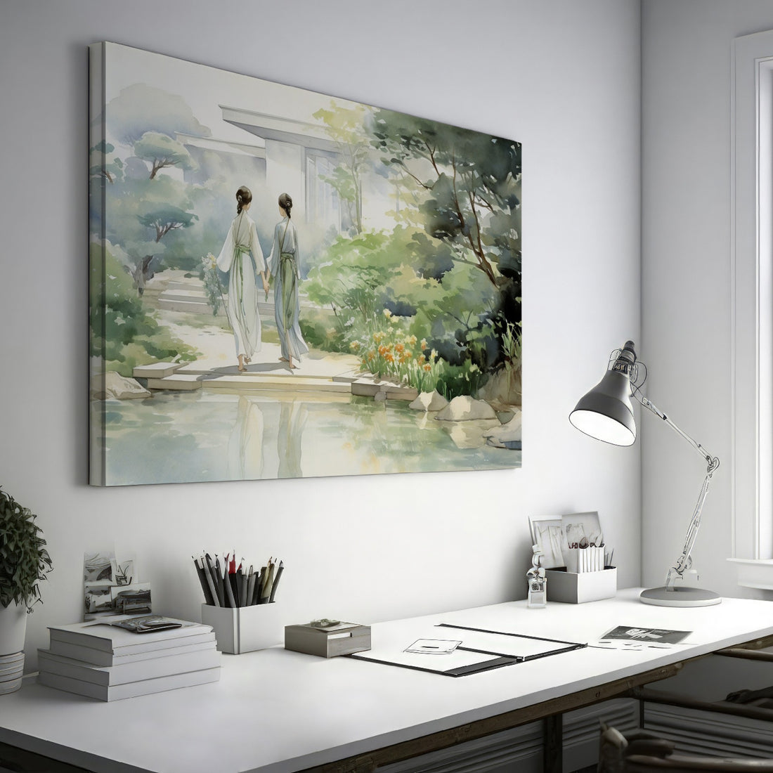 Watercolor painting of two individuals in traditional Asian attire walking by a reflective pond in a lush garden