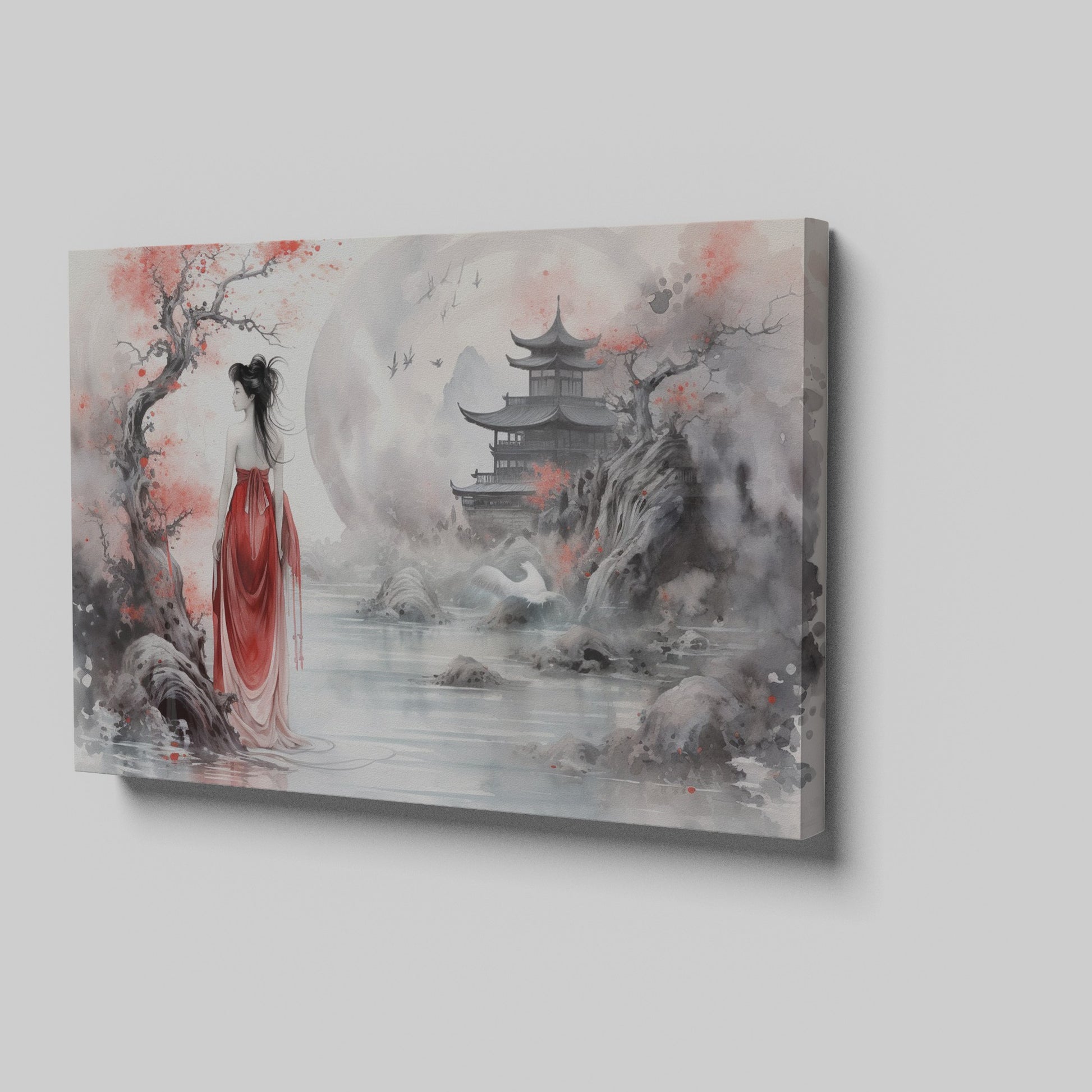 Framed canvas print of an Oriental landscape with a lady in red, cherry blossoms, and a traditional pagoda