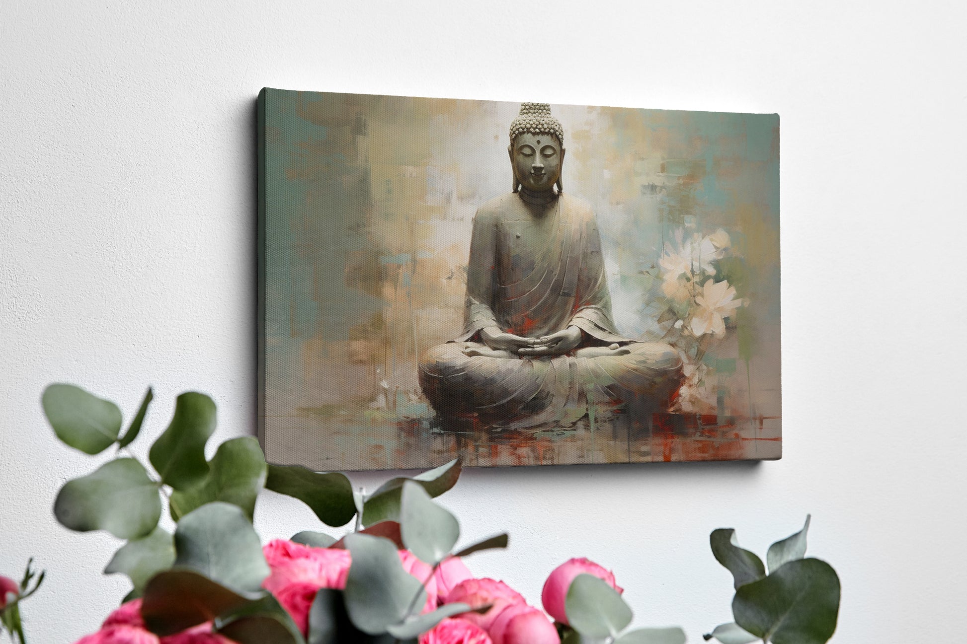 Framed canvas print of Buddha in meditation with abstract background and floral accents