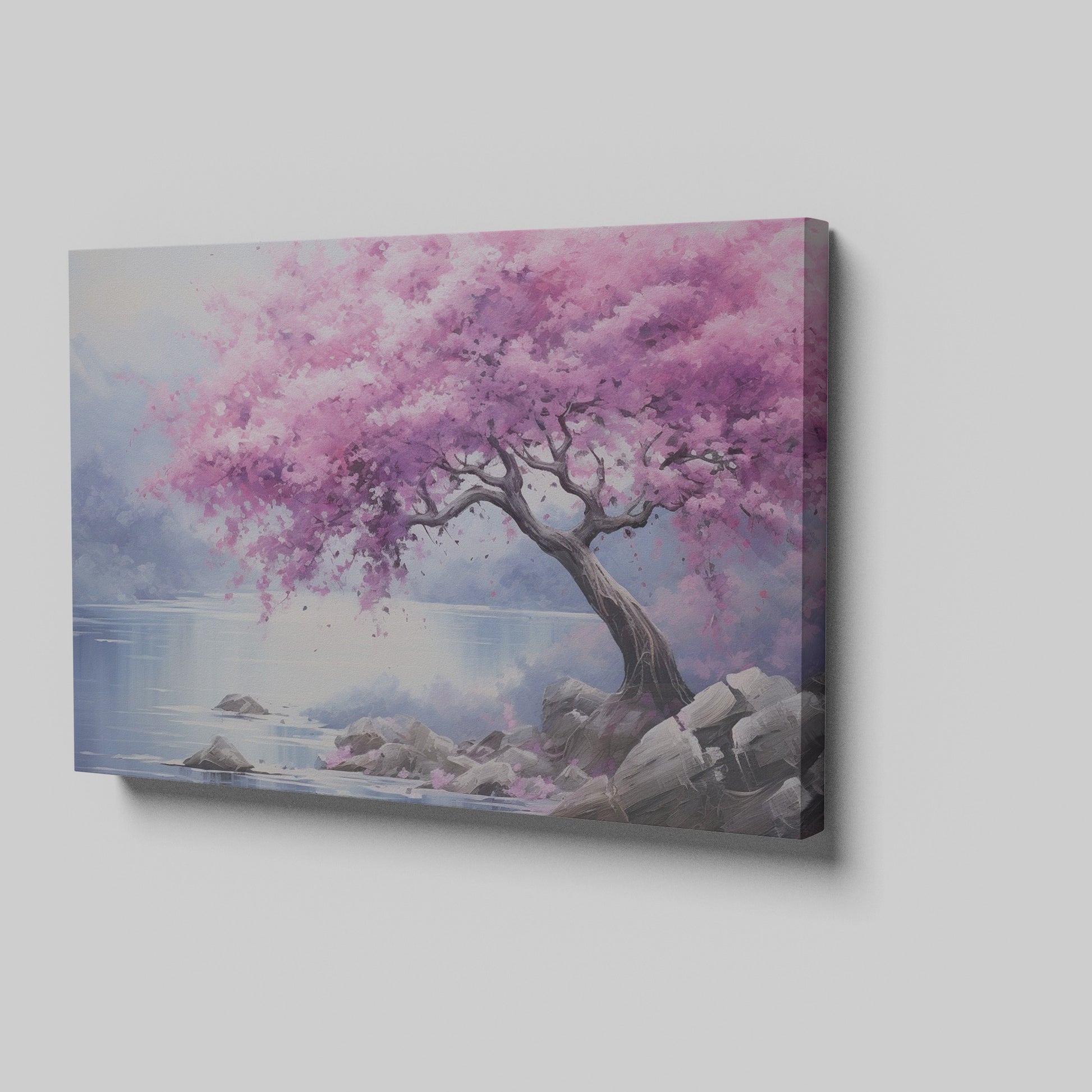 Framed canvas print of a cherry blossom tree by a lake with vivid pink flowers and tranquil blue waters