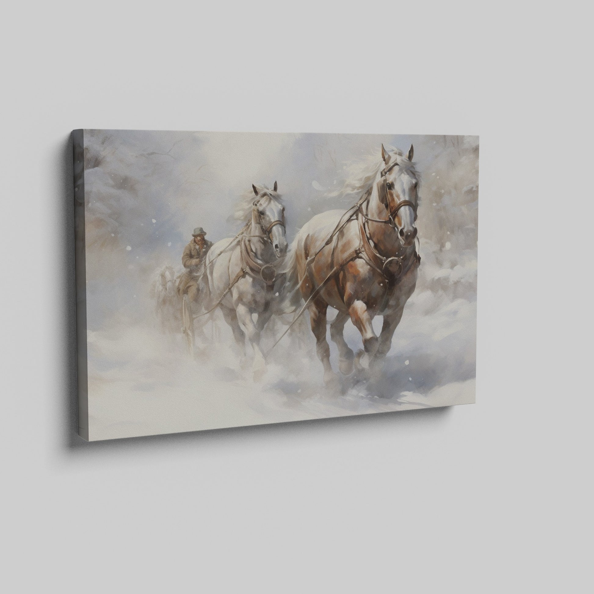 Framed canvas print of a traditional winter scene with a horse-drawn sleigh in the snow