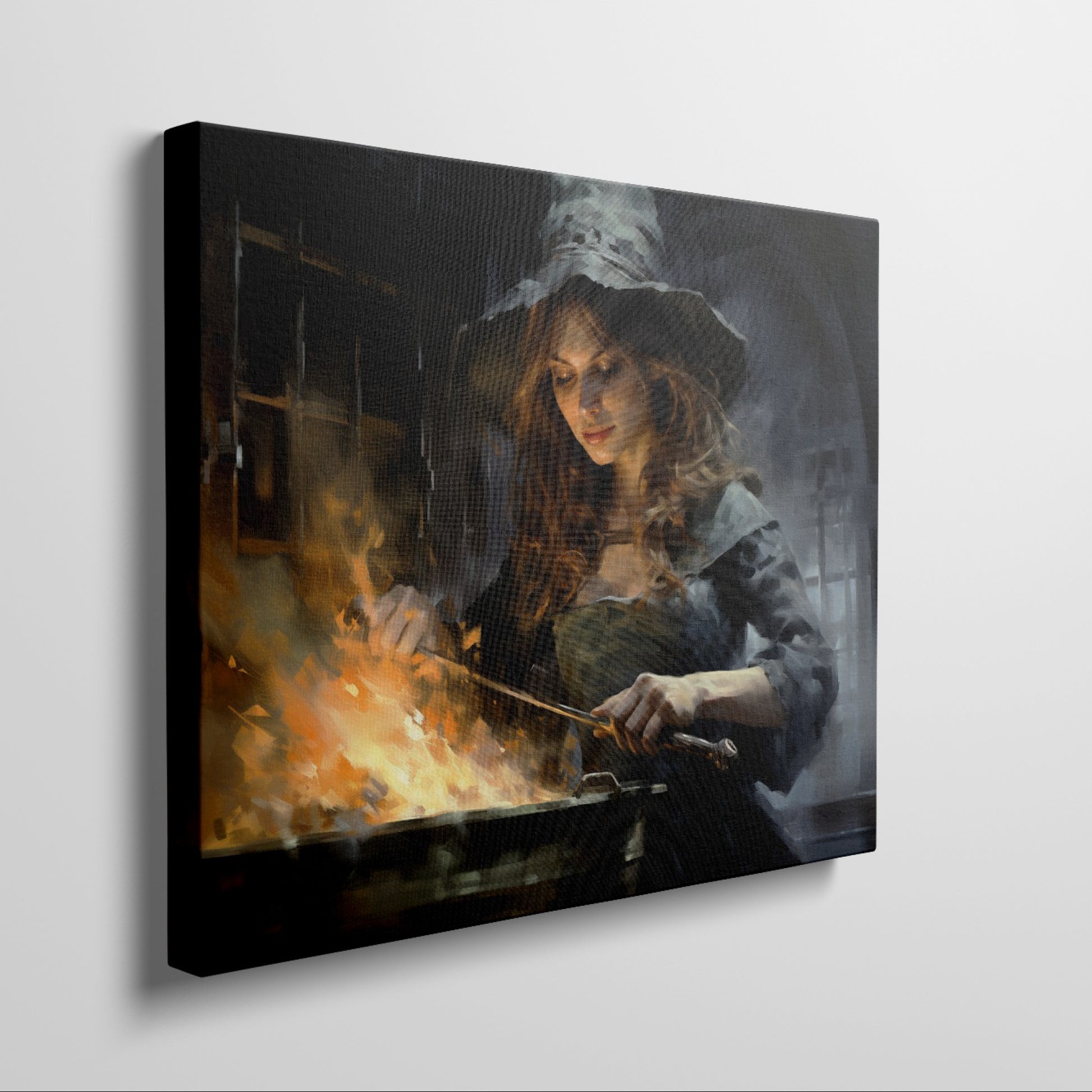 Framed canvas print of a mystical witch stirring a magical fiery brew in a gothic setting