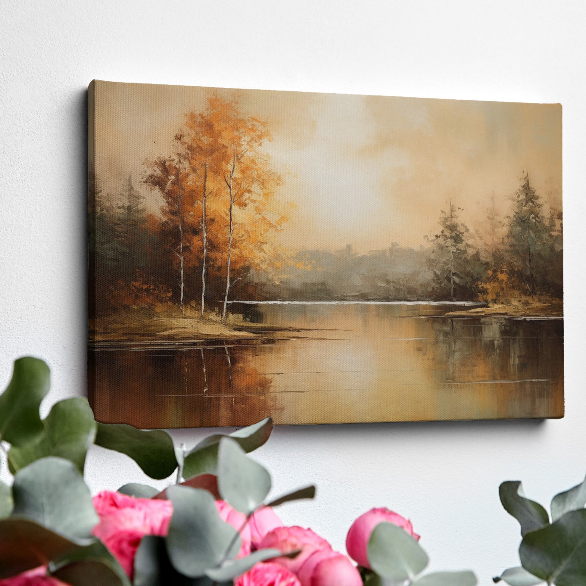 Impressionist painting of a lake with autumn trees and calm water reflections in warm golden and brown tones