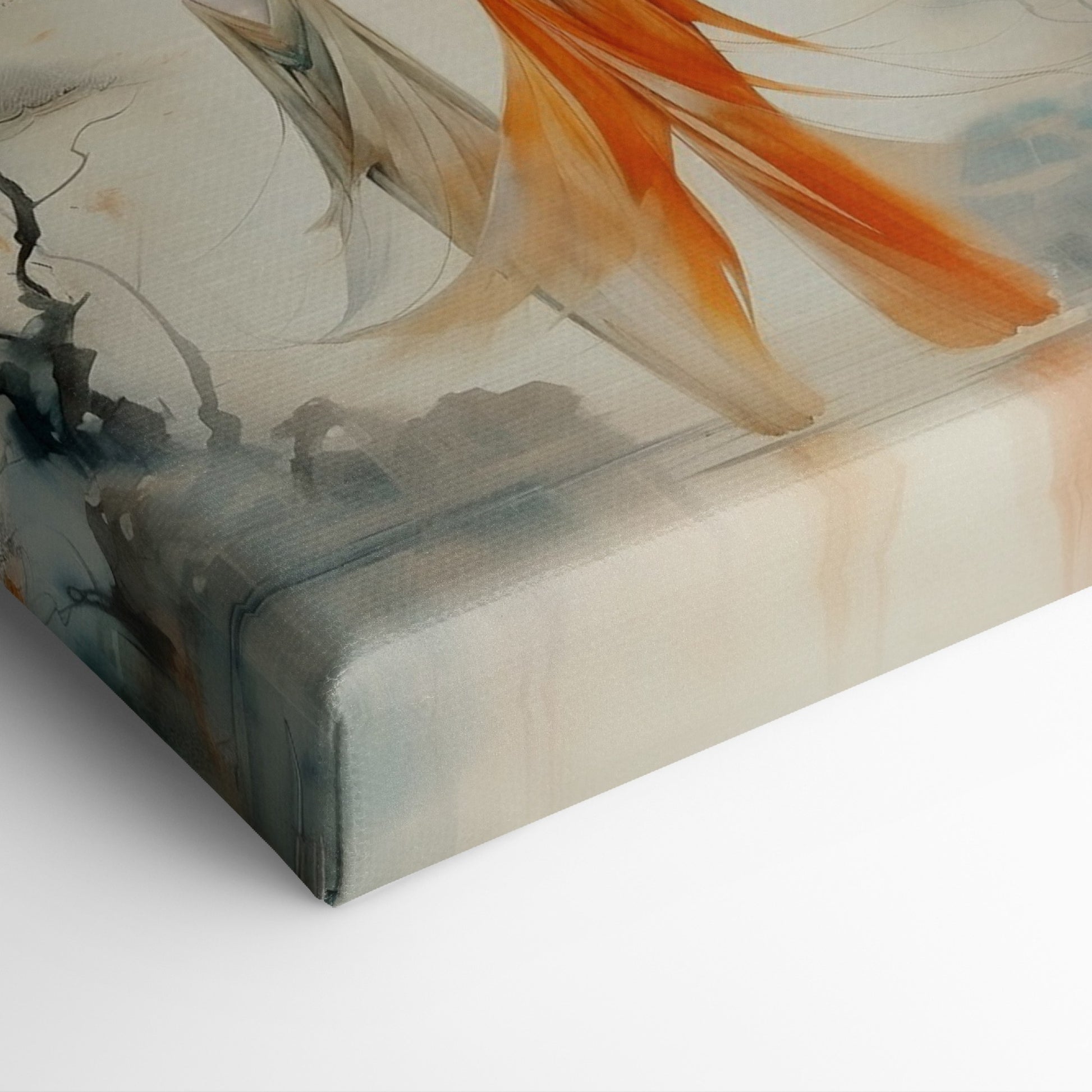 Framed canvas print of ethereal stylised women in a mystical, abstract landscape with orange and ivory tones