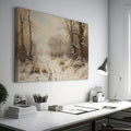 Framed canvas print of a tranquil winter landscape with snow-covered trees and a snowy path