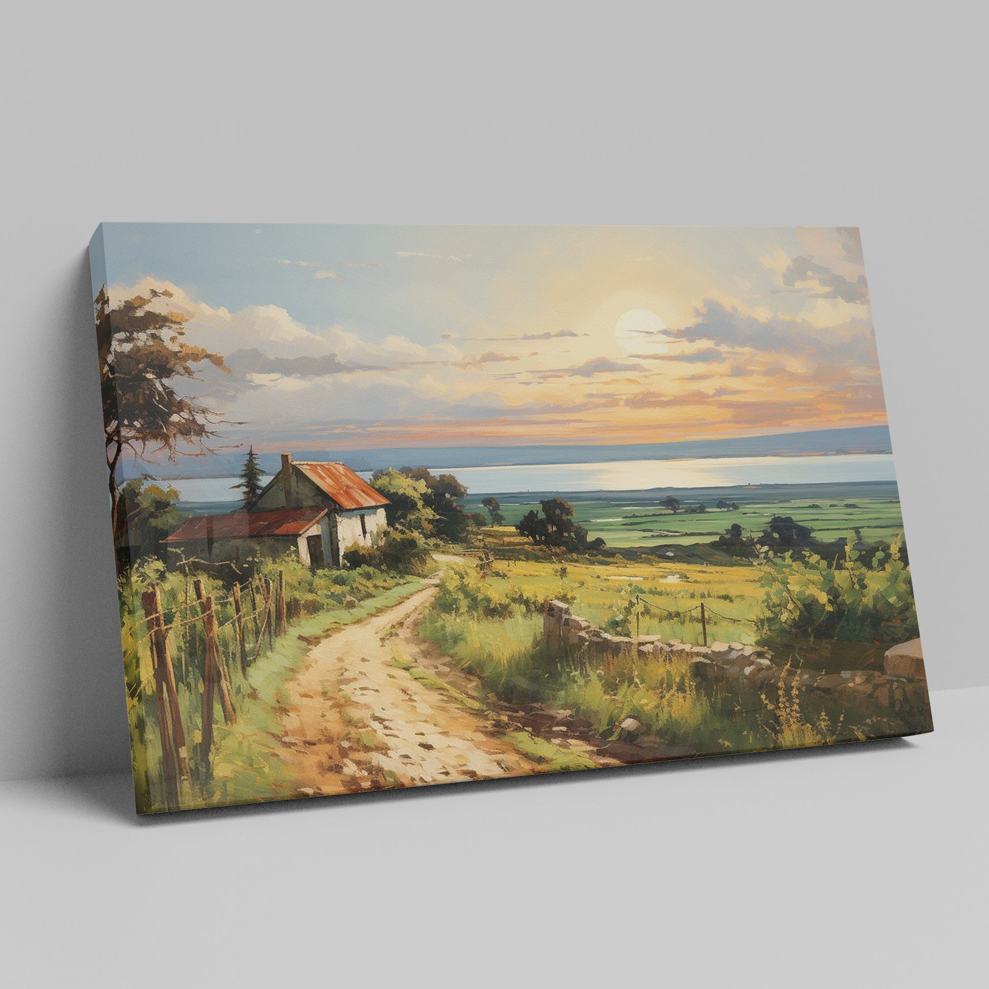 Framed canvas print of a rustic farmhouse and path leading to a sunset over the sea