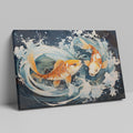 Framed canvas print of two vibrant koi fish with dynamic water movements in a Japanese style illustration