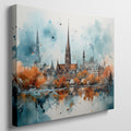 Framed canvas print of impressionist watercolor cityscape with autumn colors and urban reflection