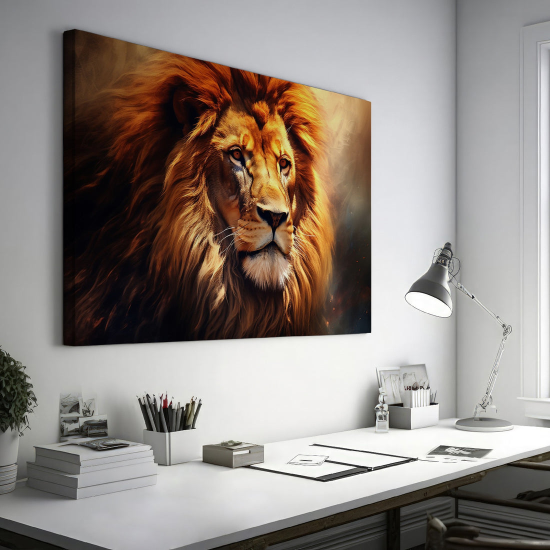 Framed canvas print of a resplendent lion with a fiery mane in earthy tones