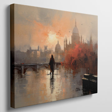 Framed canvas print of an impressionistic cityscape at sunset with reflections on a river