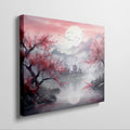 Framed canvas print of an Asian landscape with cherry blossoms and a pagoda at sunset