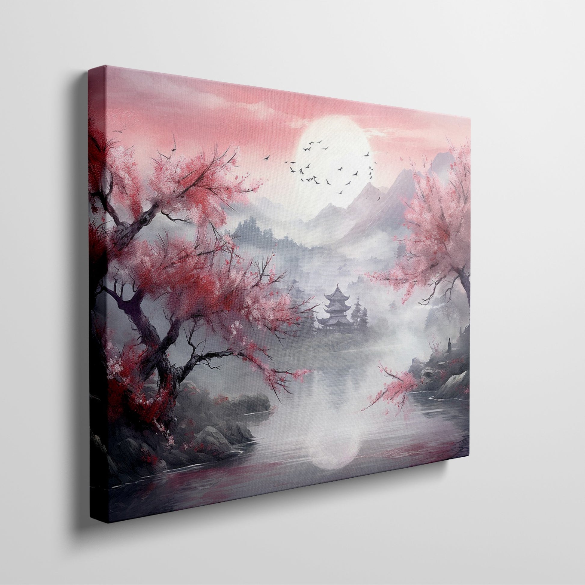 Framed canvas print of an Asian landscape with cherry blossoms and a pagoda at sunset