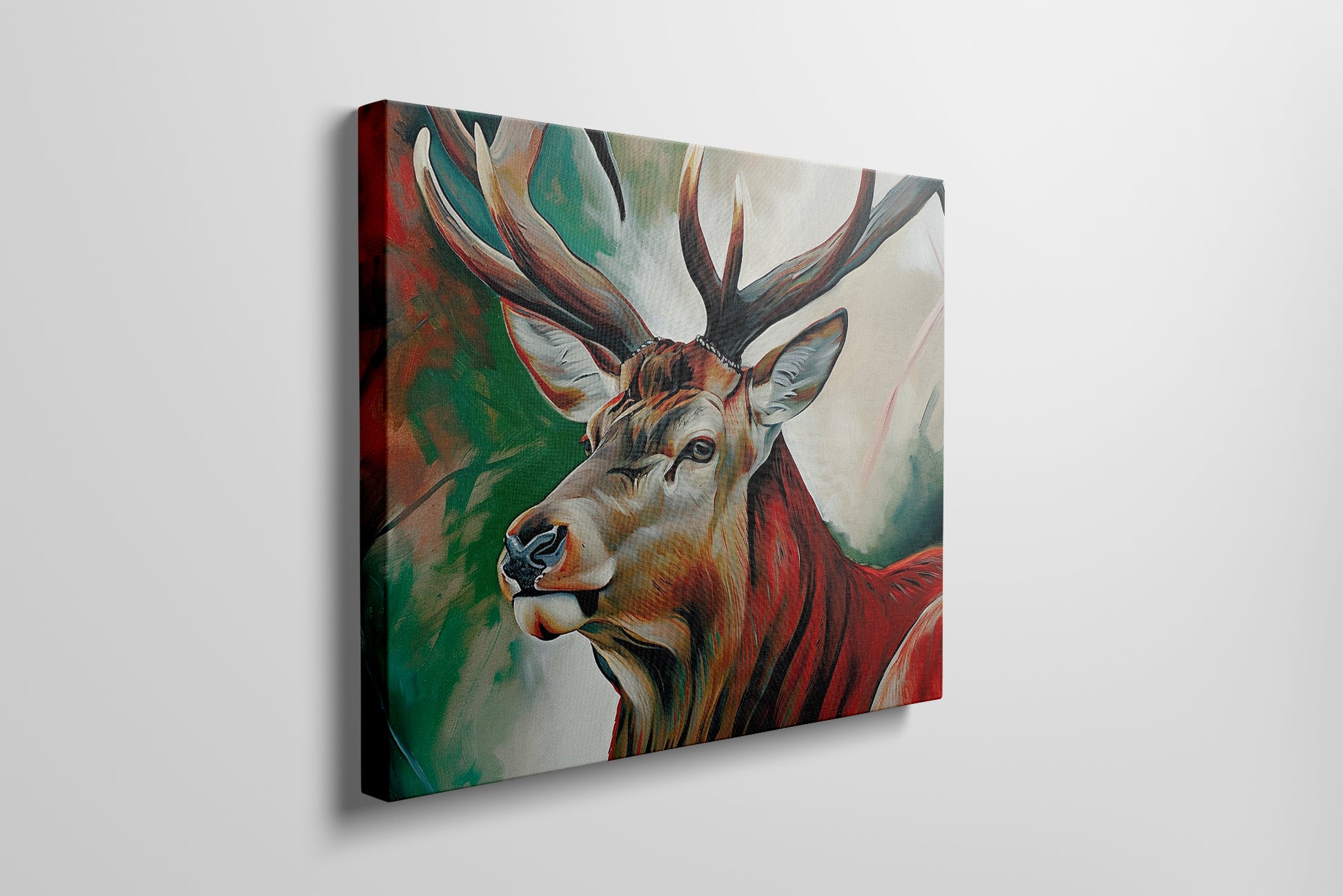 Framed canvas print of a vibrant, abstract impressionistic stag with bold colours and brushstrokes